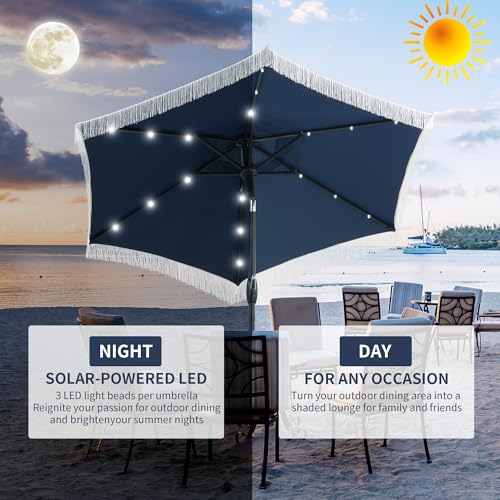 GDY 7.5 ft Fringe Patio Umbrella with 18 LED Solar Lights ，Stylish Fringe Decor for Graden, Pool, Beach, Deck, Navy Blue - color: Dark Blue+18 Lights, size: Umbrella Only