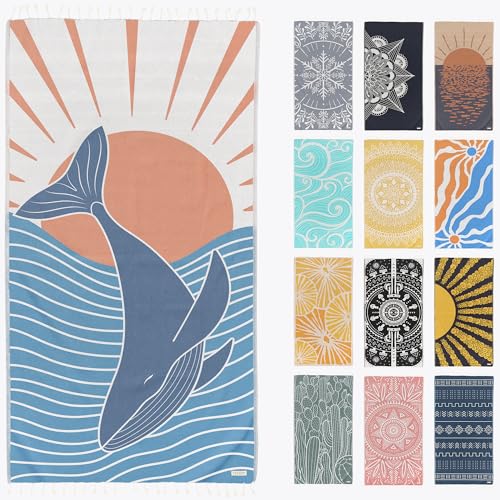 FESHKA Sand Free Turkish Beach Towel (37 x 67) Quick Dry Bath Towel, Oversized Beach Blanket, Lightweight for Travel - Made with 100% Organic Turkish Cotton - Happy Whale - color: 11 - Blue/Orange