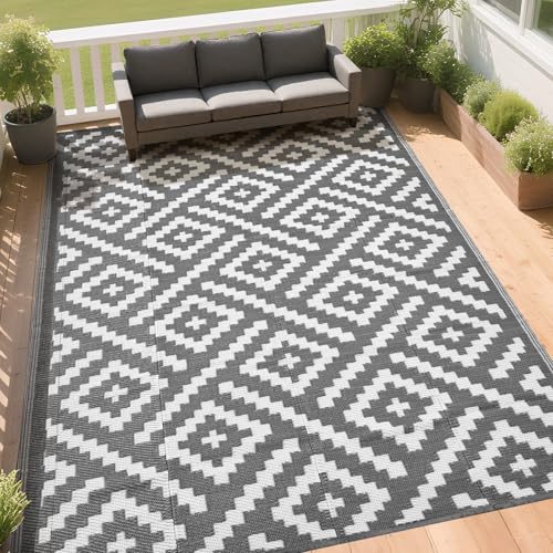 RURALITY Outdoor Rugs 5x8 Feet for Patios Clearance,Plastic Straw Waterproof Mats for Backyard,Porch,Deck,Balcony,Grey&White - color: Cross-grey&white, size: 5' x 8' (Rectangular)
