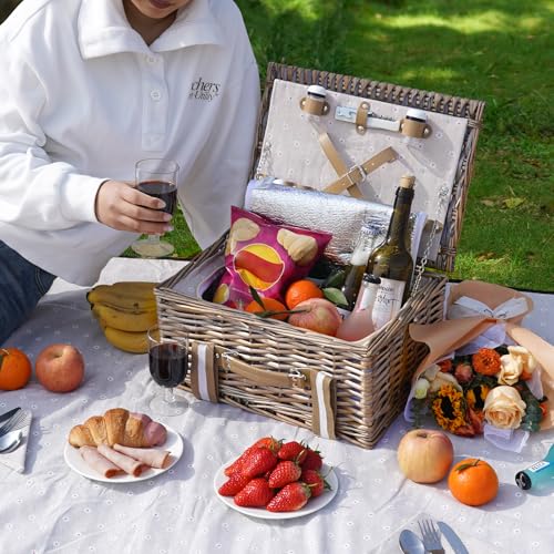 G GOOD GAIN Picnic Basket for 2 - Wicker Picnic Set with Waterproof Blanket| Large Picnic Hamper with Insulated Cooler & Cutlery Kit for Couples Camping,White Flower,15x11x7.5inch - color: White Flower