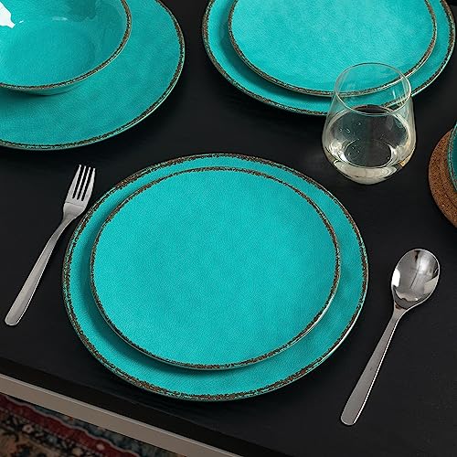 LEHAHA Rustic Melamine Dinnerware Sets, 12-piece Dishes Plastic Dinnerware Set for 4, Break-resistant Plates and Bowls Set, Outdoor Casual & Party Use Kitchen Dishes Set, Teal… - color: Teal