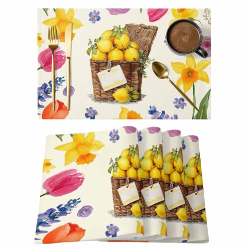 Spring Flowers Watercolor Placemats Set of 12, Summer Picnic Basket of Lemons Table Mats Washable Heat-Insulation Non-Slip Place Mats for Kitchen Dinner Table Indoor Outdoor Decor - size: 13''x19'' - 12PCS