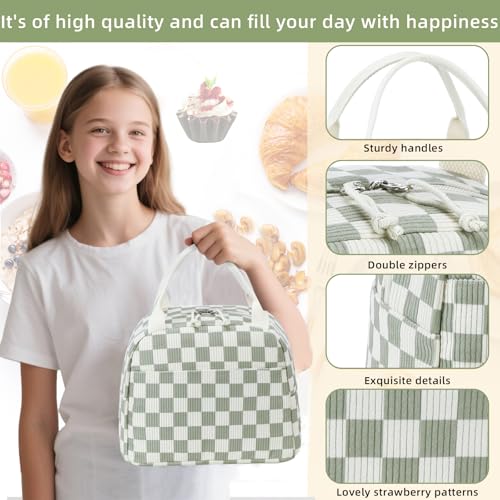 LEDAOU Lunch Box for Women Insulated Lunch Bag Corduroy Lunch Tote Bags Leakproof Cooler Lunch Case for Travel Work Picnic (Checked) - color: Checked