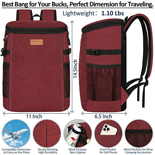 Camping Cooler Backpack 30 45 Cans, Soft Backpack Coolers Insulated Leak Proof Travel Cooler Bag Waterproof Lunch Picnic Beach Work Trip Thermal Bag Drink Beverage Beer Bag Cooler - color: Wine Red, size: 30 Cans