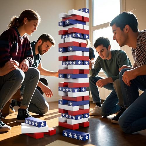 Nattork Giant Tumbling Tower (Stack from 1.77Ft to 4+ Ft), Wood Stacking Giant Blocks Game| Made from Premium Pine Wood| Ideal for Family, 54PCS Stars - color: National Flag