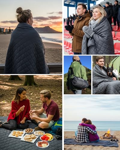 DUKUSEEK Waterproof Stadium Blanket (NO Hood), Outdoor Blankets Waterproof Windproof for Cold Weather, Emergency Warm Blanket with Quilted Cotton and Thick Fleece for Picnic, Camping, Outdoor Sports - color: Black With Quilted Fleece (No Hood)