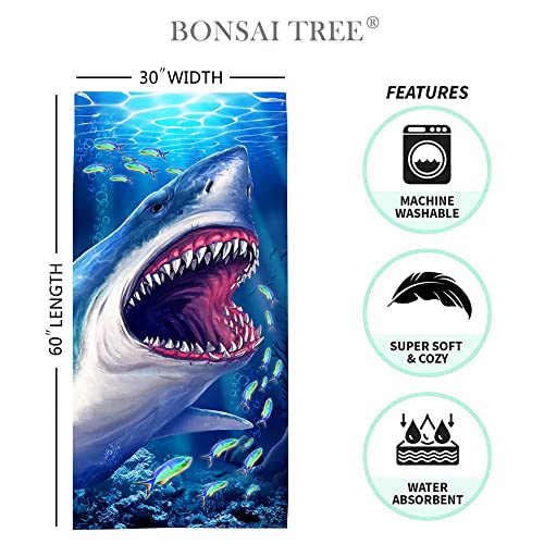 Bonsai Tree Shark Beach Towel, Cool Ocean Fishes Microfiber Bath Towel, Blue Sea Sand Free Quick Dry Travel Towels for Mens Women Adults, 30" X 60" - color: Shark, size: 30"x60"