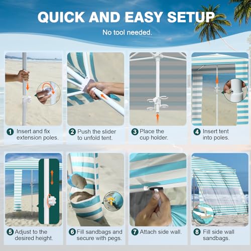 Rhino Valley Beach Cabana, 8 * 8FT Beach Tent UPF50+ Protection, Easy Setup Beach Canopy Wind Resistant with Cup Holder, Compact Beach Shade Foldable Beach Tent Sun Shelter, Light Blue Stripes - color: Light Blue Stripes