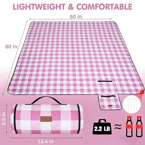 HX&OD Outdoor Picnic Blanket, Extra Large, 80''x60'' Waterproof Foldable Blankets Gingham Picnic Mat for Beach, Camping Grass Lawn Park Accessories Cute Couple Ideas Wedding (Pink, 80”x60”) - color: Pink, size: 5' x 6'8" (Square)