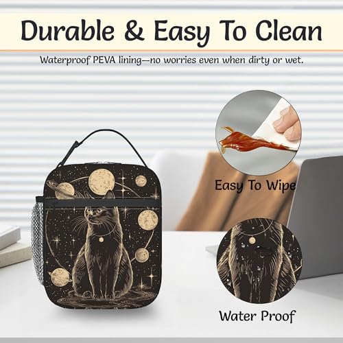 Black Cat Lunch Bag for Kids,Astrology Planet Insulated Lunch Box for Women, Large Capacity with Mutiple Pockets Gilrs Boys School Thermal Bag for Work,Picnic,Hiking - color: Black Cat