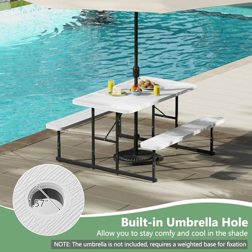 LDAILY Picnic Tables with Benches, Rectangular Dining Table Set for Outside 4 People, HDPE Tabletop, Metal Frame, Umbrella Hole, Heavy Duty Picnic Table for Outdoors, Patio, Lawn, Commercial (White) - color: White