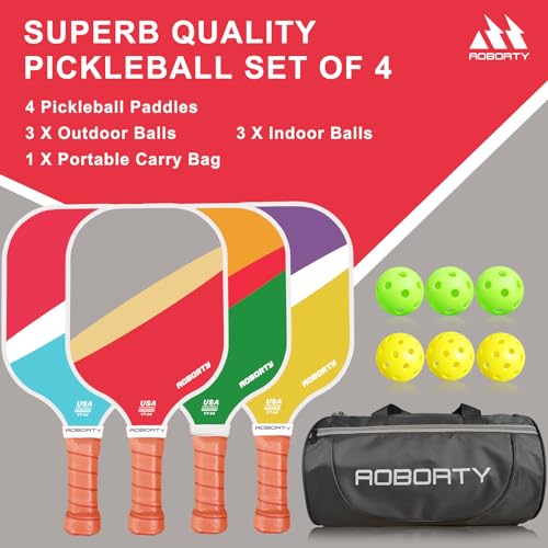AOBORTY Pickleball Paddles 4 Pack - USAPA Light Graphite Premium Rackets Fiber Face & Polymer Honeycomb Core Pickleball Set with 4 Outdoor Indoor Balls Including Portable Carry Bag - color: Four-color