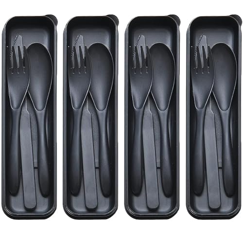 Reusable Travel Utensils Set with Case, 4 Sets Wheat Straw Portable Plastic Fork Spoons Knife Cutlery, Camping Eco-Friendly BPA Free Tableware for Kids Adults Work Picnic or Daily Use (Black) - color: Black