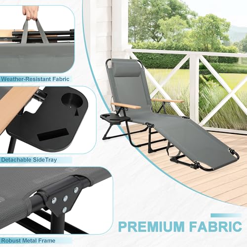 Outdoor Chaise Lounge Chair with 4-Position Adjustable Backrest, Patio Folding Sun Tanning Chair, Pillow & Cup Holder, Portable Recliner Sunbathing Lounger Chairs for Pool Beach Lawn Garden (Grey) - color: Grey