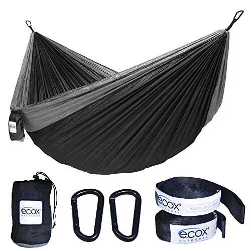 ecox Outdoors Parachute Hammock Single with 2 Tree Straps, Portable Lightweight Nylon Comfortable for Backpacking, Camping, Travel, Beach, Backyard, Patio, Hiking - color: Black-grey