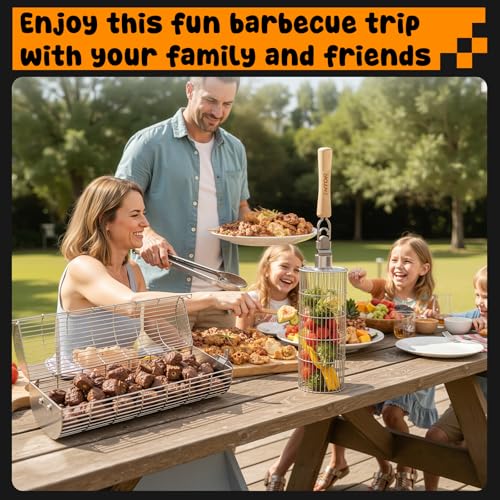 TNTOR Rolling Grill Basket, Larger 304 Stainless Steel Nesting Grilling Net, Removable Handle, BBQ Accessories Tools for Veg Shrimp, Outdoor Cooking Camping grilling gifts for men Dad Husband