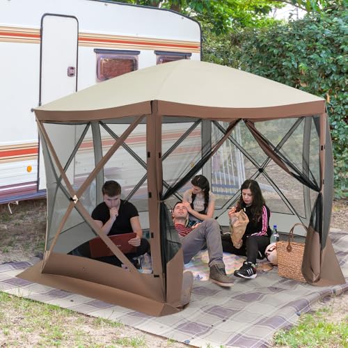 Tangkula 11.5x11.5 Ft Pop Up Gazebo with Netting, Portable Screen Tent with 6 Sided Mesh Walls, 2 Sunshade Cloths, Outdoor Instant Canopy Shelter with Carry Bag for Camping, Lawn, Backyard - color: Brown, size: 11.5x11.5 Ft