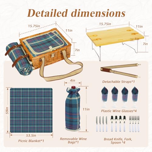 Picnic Basket for 4 with Folding Table, Large Wicker Picnic Basket Set with Waterproof Blanket and Wine Pouch, Insulated Willow Hamper with Cutlery Kit for Camping, Couples, Wedding Gift - color: Green Plaid