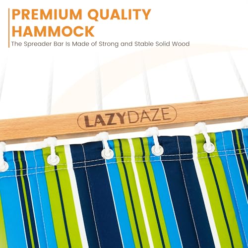 Lazy Daze Hammocks 12 FT Quilted Fabric Double Hammock with Spreader Bars and Detachable Pillow, 450lbs Weight Capacity, Blue Green Stripes - color: Blue Green Stripes