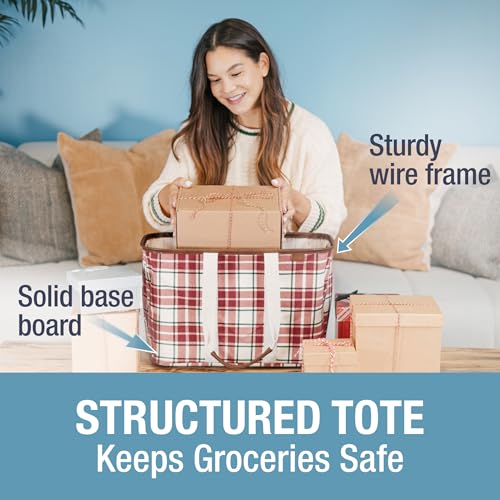CleverMade Collapsible LUXE Tote, 30L Foldable Grocery Shopping Bag, Reusable - color: Red Checker