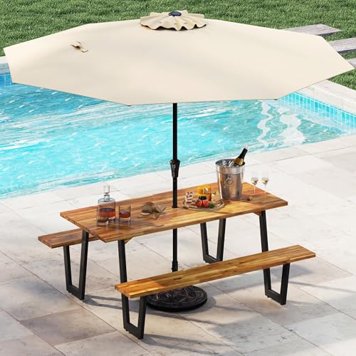 S AFSTAR 70" Acacia Wood Outdoor Picnic Table Set with 10Ft Umbrella & Base, Heavy Duty Wooden Outside Dining Table Set with Bench, All-Weather Patio Dining Set for 6, Garden, Backyard - size: Large