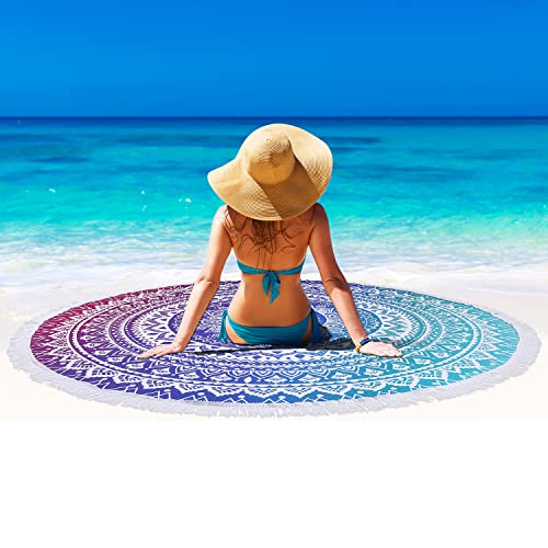 Benefeet Sox Beach Towel Large Round Mandala Pool Towels Tassels Microfiber Quick Dry Beach Blanket Throw Bohemian Roundie Swim Pool Circle Towel, 59 Inches - color: Mandala Gradient, Blue Purple White