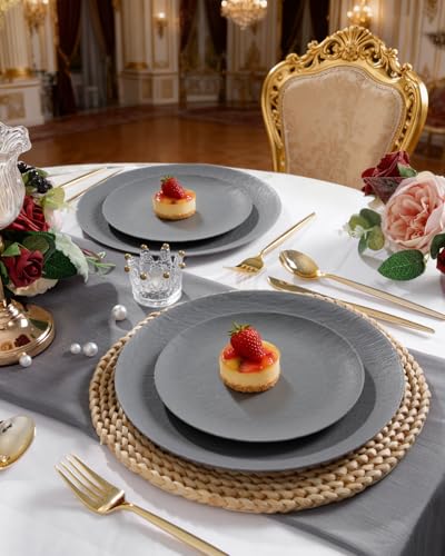 WONDERFUL 32pcs Dark Grey Plastic Plates Reusable Plates Unbreakable and Dishwasher safe Dishes Set Outdoor Plate Includes:16 Dinner 10" & 16 Dessert Plate 7.3" Suitable for Camping Outdoor Party - color: Dark Drey