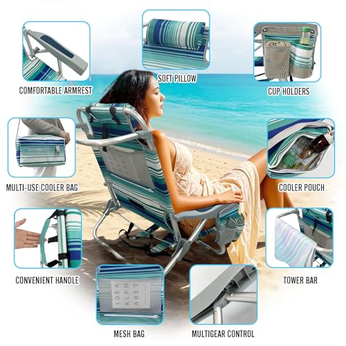 Backpack Beach Chair Aluminum 2 Pack with Folding Camping Table 5-Position Lay Flat Lounge Chair Outdoor for Adults with Insulated Cooler Bag and Cup Holder - color: Cyan, size: 2 PACK