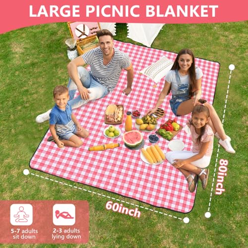 OBTANIM Extra Large Picnic Blanket 60 x 80 Inch Waterproof Foldable Beach Blankets Outdoor Picnic Mat for Camping Grass Lawn Park Music Festival Party Accessories (Red and White) - color: Red and White, size: 60 x 80 Inch
