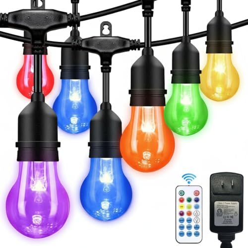 96FT Solar Outdoor String Lights, 30 Shatterproof Edison Bulbs, Dimmable Color Changing RGB LED Patio Lights with 2 Remote Controllers. Perfect for Backyard Decorative Lighting - size: A55 96ft