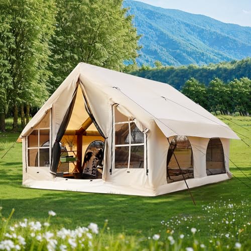 KNUO Inflatable Camping Tent, Large Blow-Up Air Tent, No Assembly Needed Luxury Glamping House, Oxford Fabric - color: Light Beige-Dual-layer Doors, size: 10x10ft