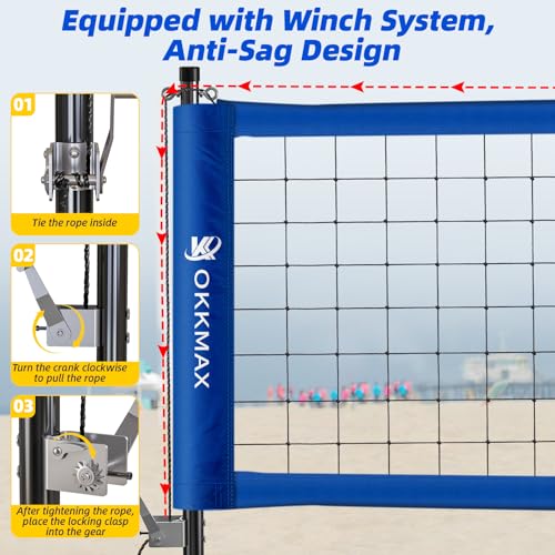 Professional Outdoor Volleyball Net Set with Adjustable Poles & Anti-Sag Design, Portable Volleyball Net Includes Beach Fixed Plate, Scoreboard, Boundary Line and Carry Bag for Backyard Beach Grass - color: Blue