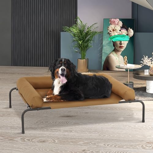 MoNiBloom Outdoor Elevated Dog Bed w/Removable Bolster, Portable Raised Outdoor Dog Bed with Stable Anti-Slip Feet & Breathable Mesh, 55 Inches Length, Light Brown - color: Light Brown, size: 55"L