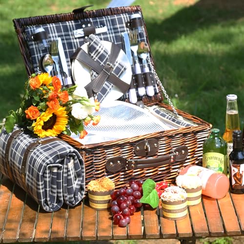 Neti Neti Wicker Picnic Basket for 4 with Insulated Cooler & Waterproof Blanket – Large Willow Picnic Hamper for Outdoor, Camping, Beach, Romantic Dates, Valentine’s Day - color: Black & White Checkerboard