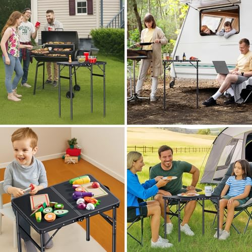 JiGiU Folding Camping Table Portable Pinic Table 3 Level Height Adjustable Aluminum Frame Small Foldable Camp Table Light Weight with Carry Handle for Outdoor Indoor Hiking Camp BBQ Beach
