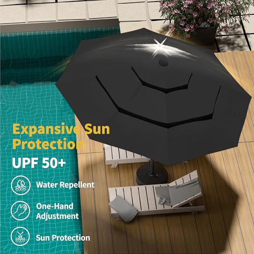 Kingdura 10ft 3-Tier Patio Umbrella with Solar Lights, Table Umbrella Outdoor Patio with Easy Crank & Tilt, 8 Sturdy Ribs, UV Protection, 32 LED Lights for Deck, Poolside, Market (Black) - color: Black-LED, size: 10 FT