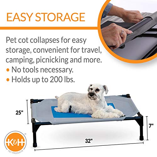 K&H Pet Products Coolin' Pet Cot, Outdoor Cooling Elevated Dog Cot for Medium Dogs, Raised Bed with Cool-Core Center, Portable Pet Platform with Heavy-Duty Metal Frame - Medium Gray/Blue - size: Medium, style: Cooling Cot