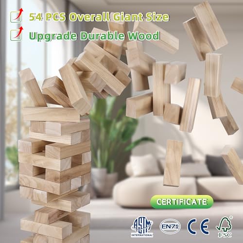 GOTHINK Giant Tumble Tower Game, Large Tumbling Tower Stacking to Over 5 FT 54pcs Wooden Jumbo Blocks for Outside Yard Games with Carry Case Timber Stacking Game Night Toy Gift for Kids Adults Family - size: XL- Over 5FT