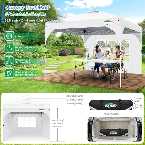 COBIZI 10x10 Pop Up Canopy with 3 Removable Sidewalls, Easy Pop Up Comercial Instant Canopy with One Push Center Lock, Waterproof Canopy with Sidewalls for Event, Rope & Stakes & Sandbags, White - color: White, size: 10x10ft (old model)