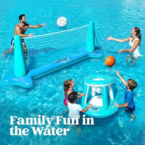 JOYIN XL Inflatable Pool Float Set, 125'' Volleyball Net & Basketball Hoops, Extra Large Floating Swimming Game Toy for Kids and Adults, Summer Floaties, Volleyball Court|Basketball, XL-Blue, Cyan - color: Blue Cyan, size: X-Large