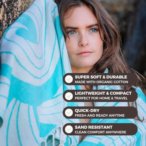 FESHKA Sand Proof Turkish Beach Towel – Oversized, Quick Dry & Lightweight Travel Towel - 100% Organic Cotton Beach Blanket - Perfect for Bath, Pool & Picnic | Summer Waves (Turquoise) - color: 04 - Turquoise
