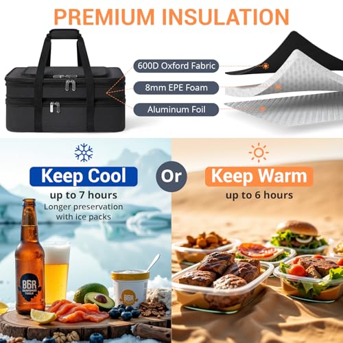 Insulated Double Casserole Carrier - Portable Casserole Carriers for Hot or Cold Food Lunch Tote Warmer or Cooler Bag for Potluck Parties Picnic Cookouts, Fits 9" x 13" Baking Dish -Black - color: Black
