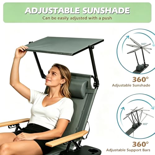 Folding Lounge Chair with Canopy, Tanning Chair with 4-Position Reclining Back, Folding Sun Lounger, Outdoor Lounge Chair for Beach, Poolside, Backyard, Camping, UPF 50+ Sun Shade, 300 LBS - color: Grey With Sunshade
