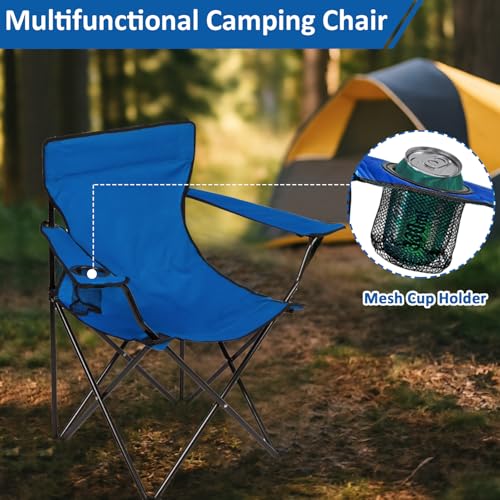 Folding Camping Chair with Cup Holder, 225lbs Capacity, Portable Foldable Chair with Large Anti-Sink Feet, PE Coated Fabric for Outdoor, Beach, Fishing, Backpacking, Blue 2PCS - color: Blue