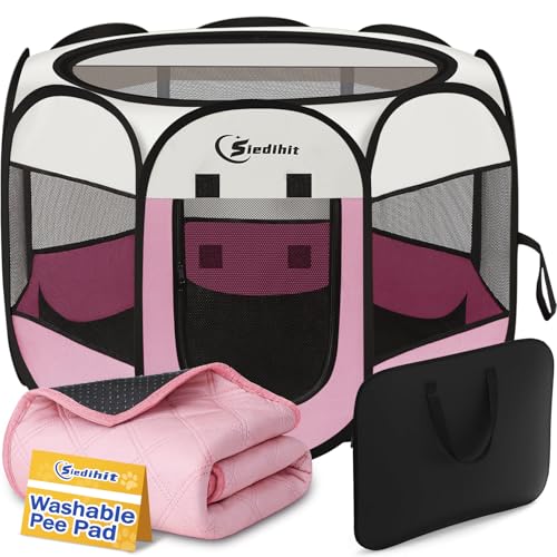 Siedihit Dog Cat Playpen, Puppy Pet Playpen Indoor for Small Dog Crate Tent Cage Outdoor, Portable Pop Up Dogs Enclosure Kennel with Carrying Case for Dogs/Cats/Rabbits(Pink, Small with pad) - color: Pink with Pad