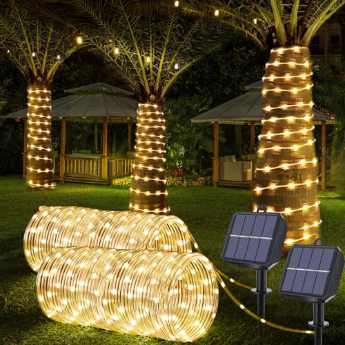 Solar Rope Lights, 2 Pack Total 66ft 200LED Solar String Lights, 8 Modes Waterproof Solar Powered Outdoor Light, Flexible Clear Tube Light for Garden Yard Patio Deck Porch Pool Tree Decor - Warm White - color: Warm White, size: 2*33ft