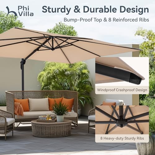 PHI VILLA 9'x12' Outdoor Patio Deck Umbrella with Base. 360° Rotation & 6-Level Tilt with Easy Crank Handle. Rectangle Offset Cantilever Umbrella Heavy Duty for Garden Poolside Backyard (Beige) - color: Beige, size: 9'x12'- With Base