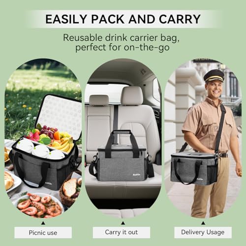 6 Cups Drink Carrier for Delivery, Reusable Cup Holder with Handle, Insulated Collapsible Drink Carrier, Adjustable Dividers, Shoulder Strap, Portable Cooler Tote Bag for Delivery, Travel, Car (Grey) - color: Grey