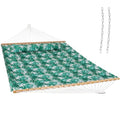 Sunnydaze Quilted Double Hammock for Outside with Spreader Bars and Pillow - 450 lb Capacity, 74x55 Inch Bed, UV Resistant, Quick Dry - Chains Included, Stand Sold Separately - Green Palm Leaves - color: Green Palm Leaves
