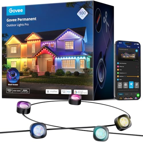 Govee Permanent Outdoor Lights Pro, 100ft with 60 RGBIC LED Lights for Daily and Accent Lighting, 75 Scene Modes for Outdoor Decor, IP67 Waterproof, Works with Alexa, Google Assistant, Matter, Black - color: Black, size: 100ft